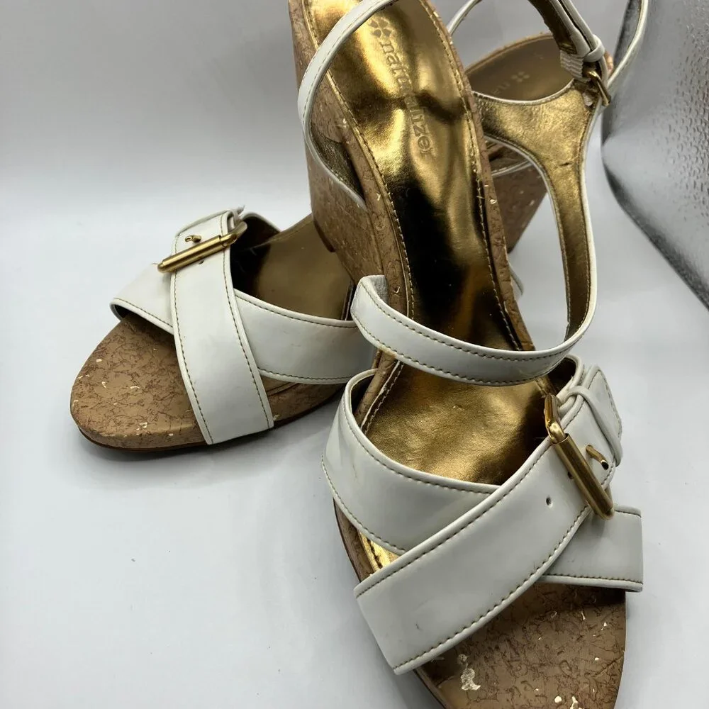 Naturalizer Sandals Leather White Cork 3.5 inch heel New Size 9 Like New